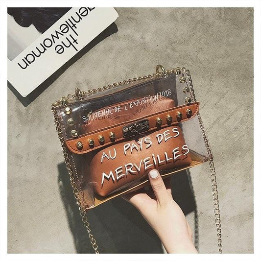 Small clear Brand Designer Woman 2020 New Fashion Messenger Bag Chains Shoulder Bag Female Rivets Transparent Square PU Handbag