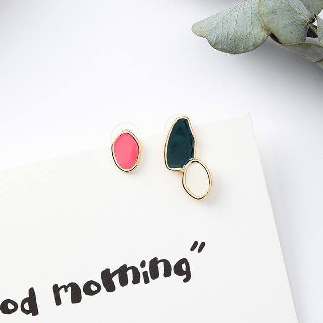 New Design Vintage Colorful Enamel Irregular Geometric Asymmetric Oval Round Long Stud Earrings for Women Girl Jewerly Gifts