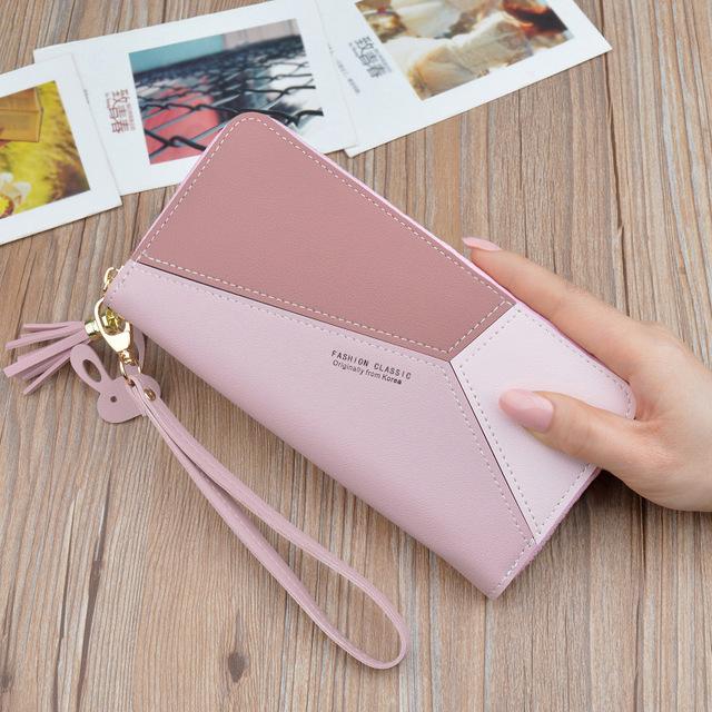 Geometric Women Wallets with Zipper Pink Phone Pocket Purse Card Holder Patchwork Women Long Wallet Lady Tassel Short Coin Purse
