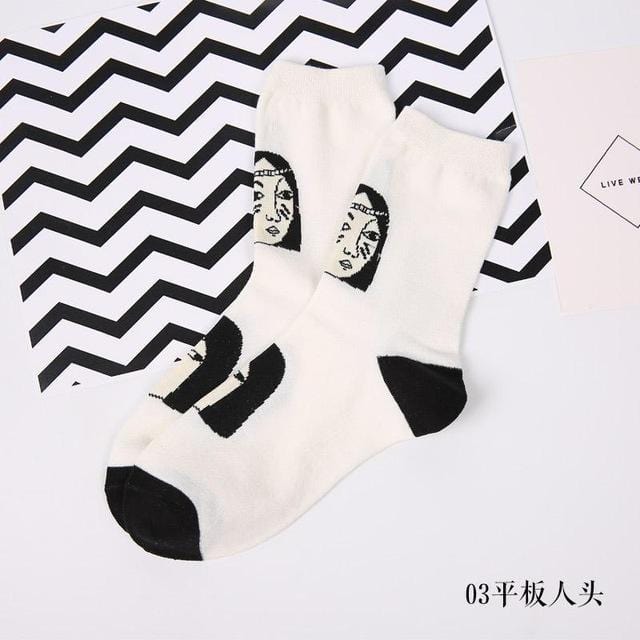 Japan Style Cool Sexy Women Funny Head Patterned Short Socks Cotton Funny Hipster Art Ankle Black and White Style Harajuku Sox