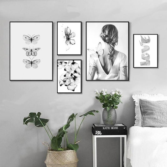 Graues Schmetterlings-Mädchen-Blütenblatt-Liebes-Plakate und Drucke nordisches Plakat-Wandbild-Leinwand-Kunst-Wandbilder für Wohnzimmer ungerahmt
