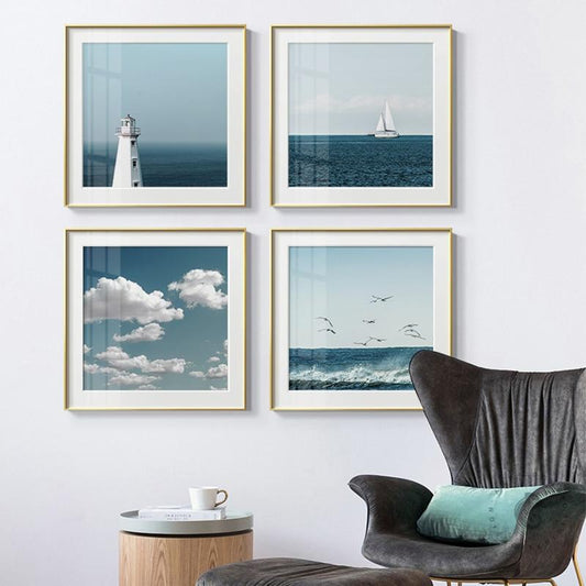 Toile de peinture avec paysage marin nordique, ciel bleu, nuages, affiche imprimée HD, images d'art murales modernes pour salon, décoration de la maison