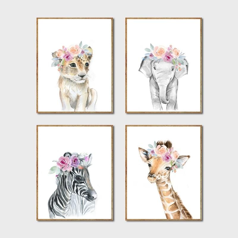 Peinture sur toile avec couronne florale d'animaux, imprimés d'animaux, girafe, éléphant, Lion, tableau d'art mural, affiche de pépinière