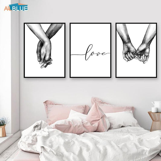 Affiche nordique en noir et blanc tenant la main, toile imprimée, citation d'amoureux, images murales pour salon, décor minimaliste abstrait