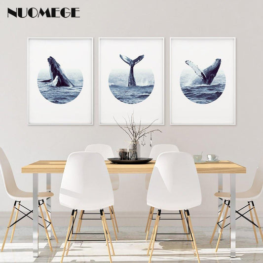 NUOMEGE Modern Poster Whale Wall Art Print Coastal Art Decor Humpback Beluga Canvas Painting Decorative Picture for Living Room