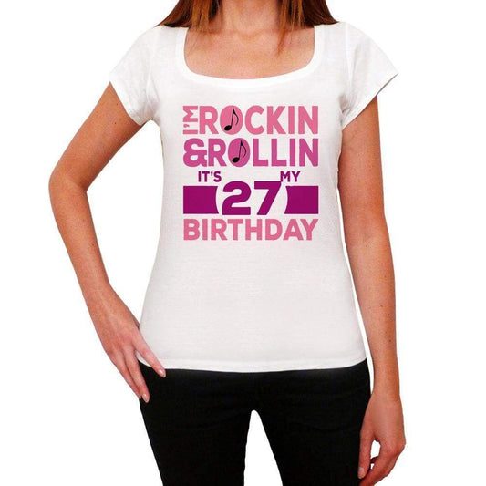 Rockin&rollin 27 White Womens Short Sleeve Round Neck T-Shirt Gift T-Shirt 00343 - White / Xs - Casual