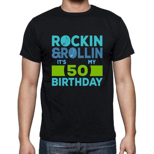 Rockin&rollin 50 Black Mens Short Sleeve Round Neck T-Shirt Gift T-Shirt 00340 - Black / S - Casual