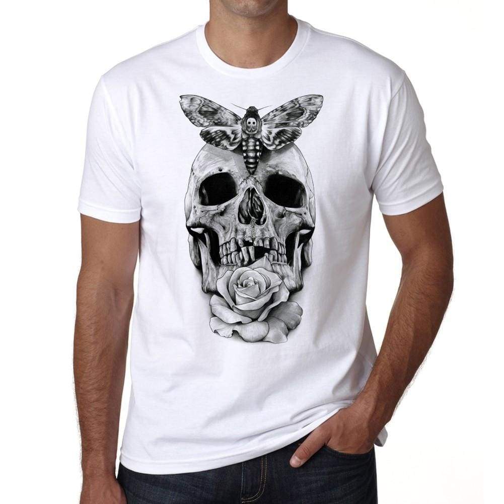 Skull With Moth And Rose Tattoo Mens White Tee 100% Cotton 00162