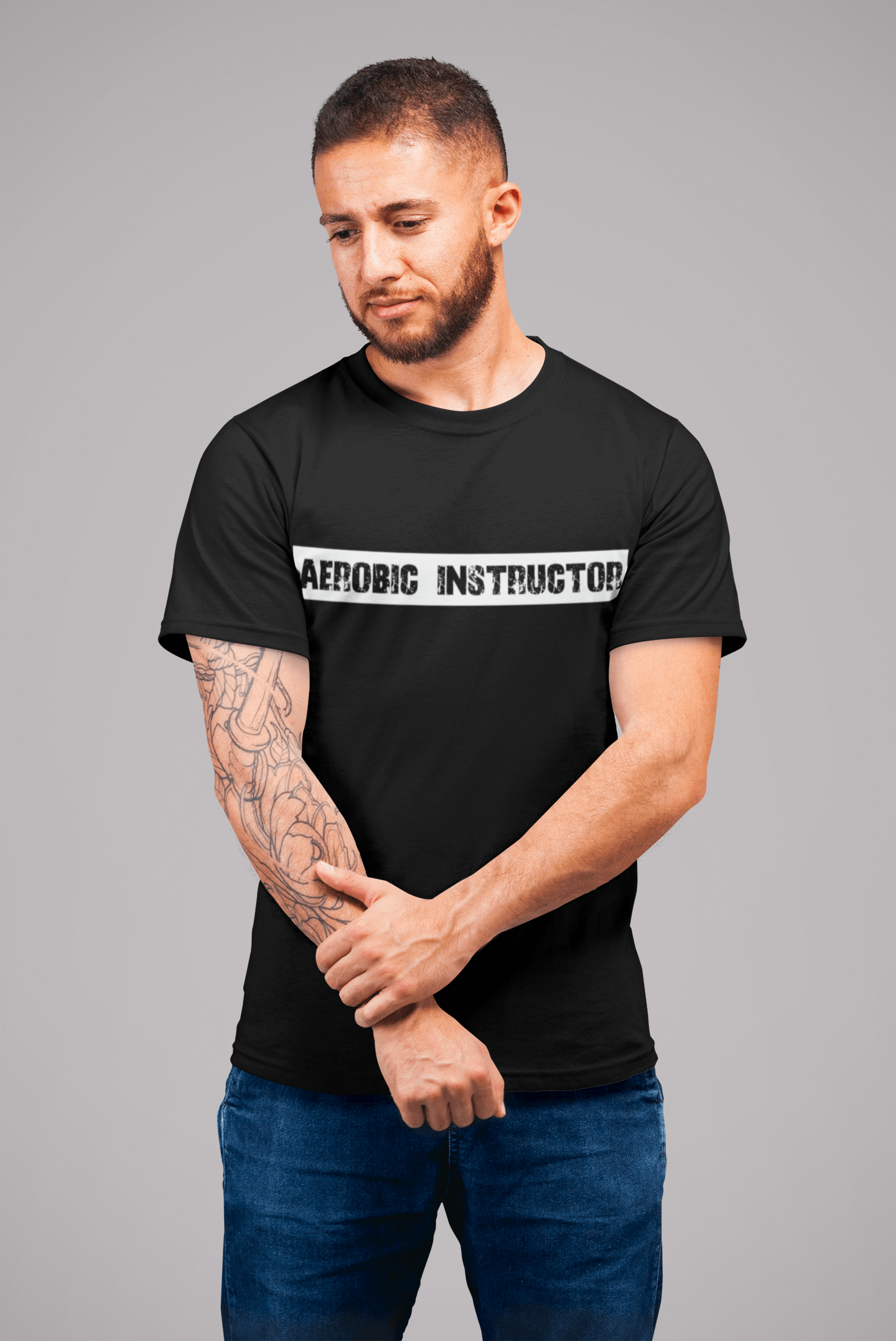 Aerobic Instructor t shirt, mens t-shirt, occupation, S Size, Black, Cotton Round Neck
