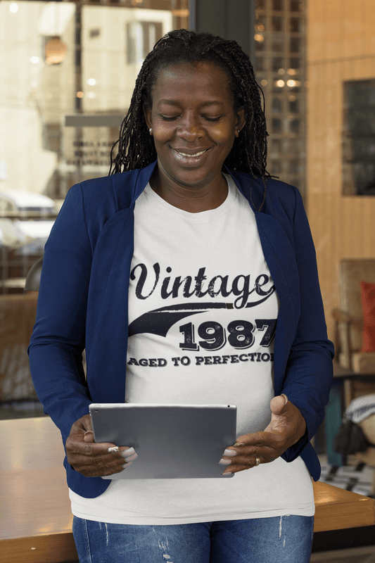 Vintage Aged To Perfection 1987, Weiß, Damen Kurzarm-Rundhals-T-Shirt, Geschenk-T-Shirt 00344