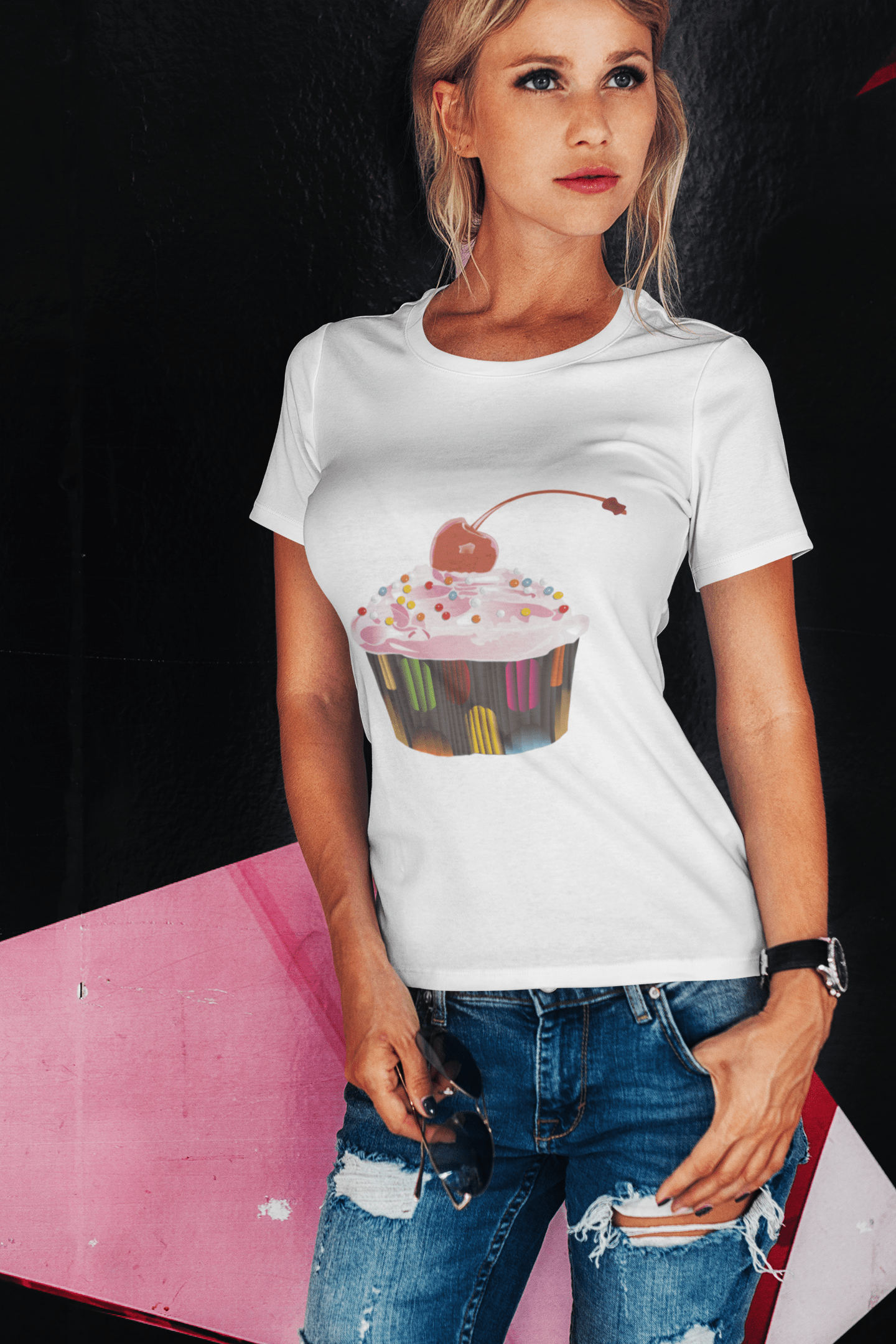 Cupcake Cherry Bomb Pearls, Damen Kurzarm-T-Shirt mit Rundhalsausschnitt 00152