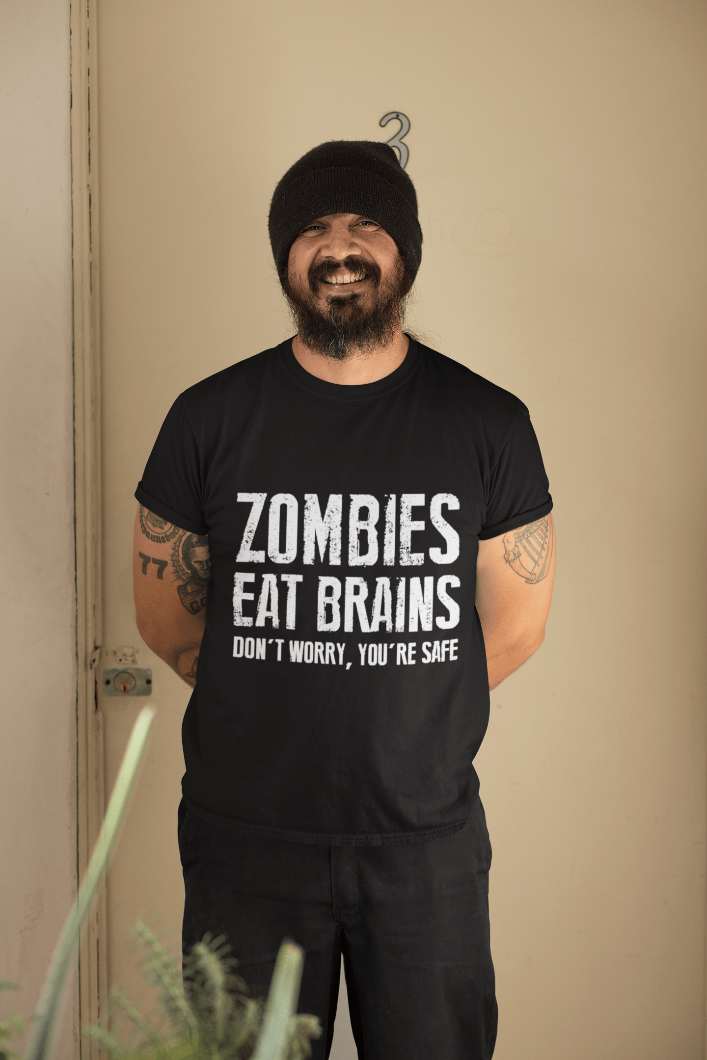Men's Graphic T-Shirt Zombies Eat Brains, Don't Worry You're Safe Deep Black Round neck