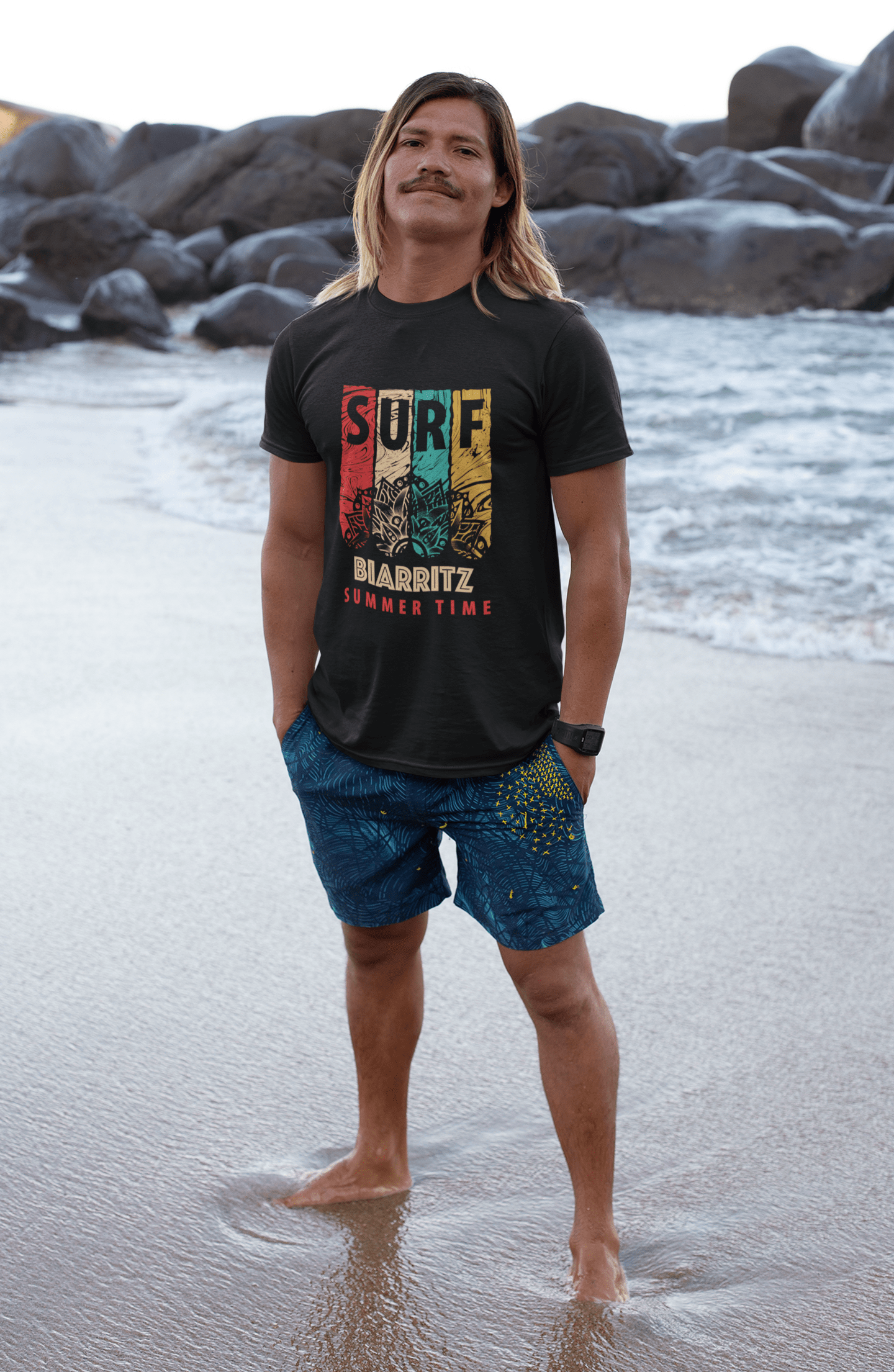 <span>Grafisches</span> T-Shirt <span>für Herren</span> Surf Summer Time BIARRITZ <span>Deep Black</span>
