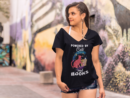 ULTRABASIC Women's T-Shirt Powerd By Cats and Books - Funny Kitten Shirt for Cat Lovers