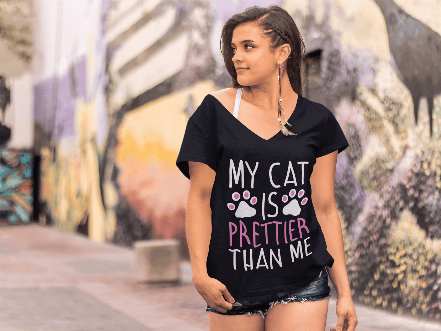 ULTRABASIC Women's T-Shirt My Cat Is Prettier Than Me - Funny Kitten Shirt for Cat Lovers