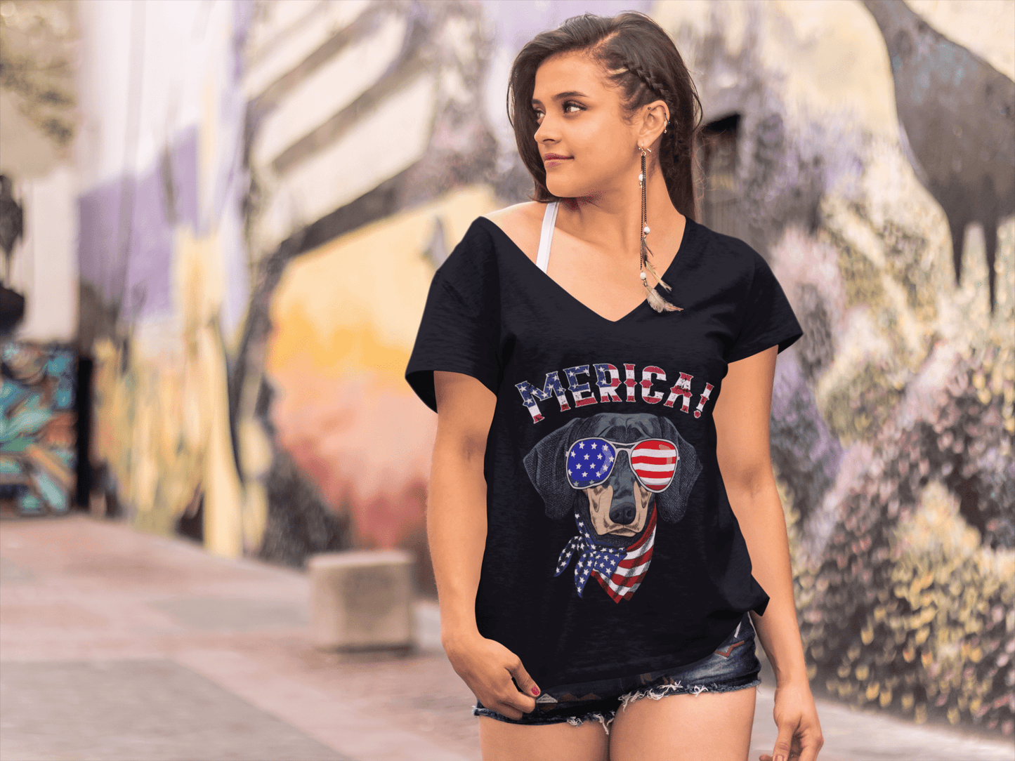 ULTRABASIC Women's Graphic T-Shirt Merica - US Cute Dog Shirt - American Flag
