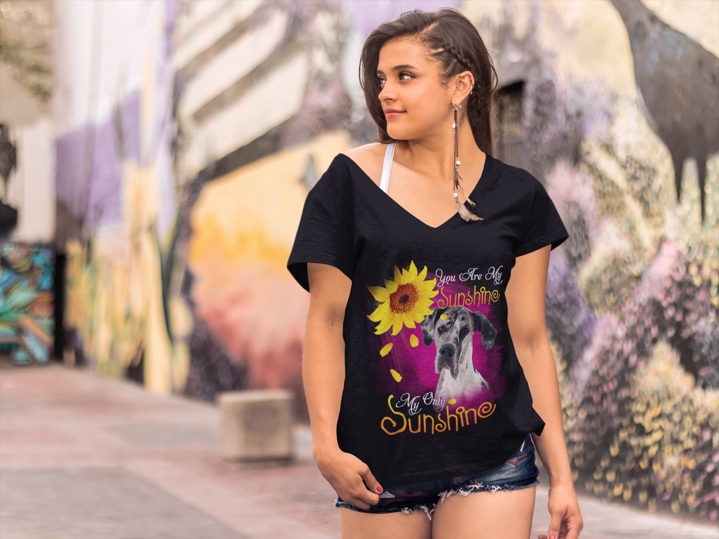 ULTRABASIC T-Shirt Col en V Femme My Only Sunshine - Dogue Allemand - Chemise Vintage