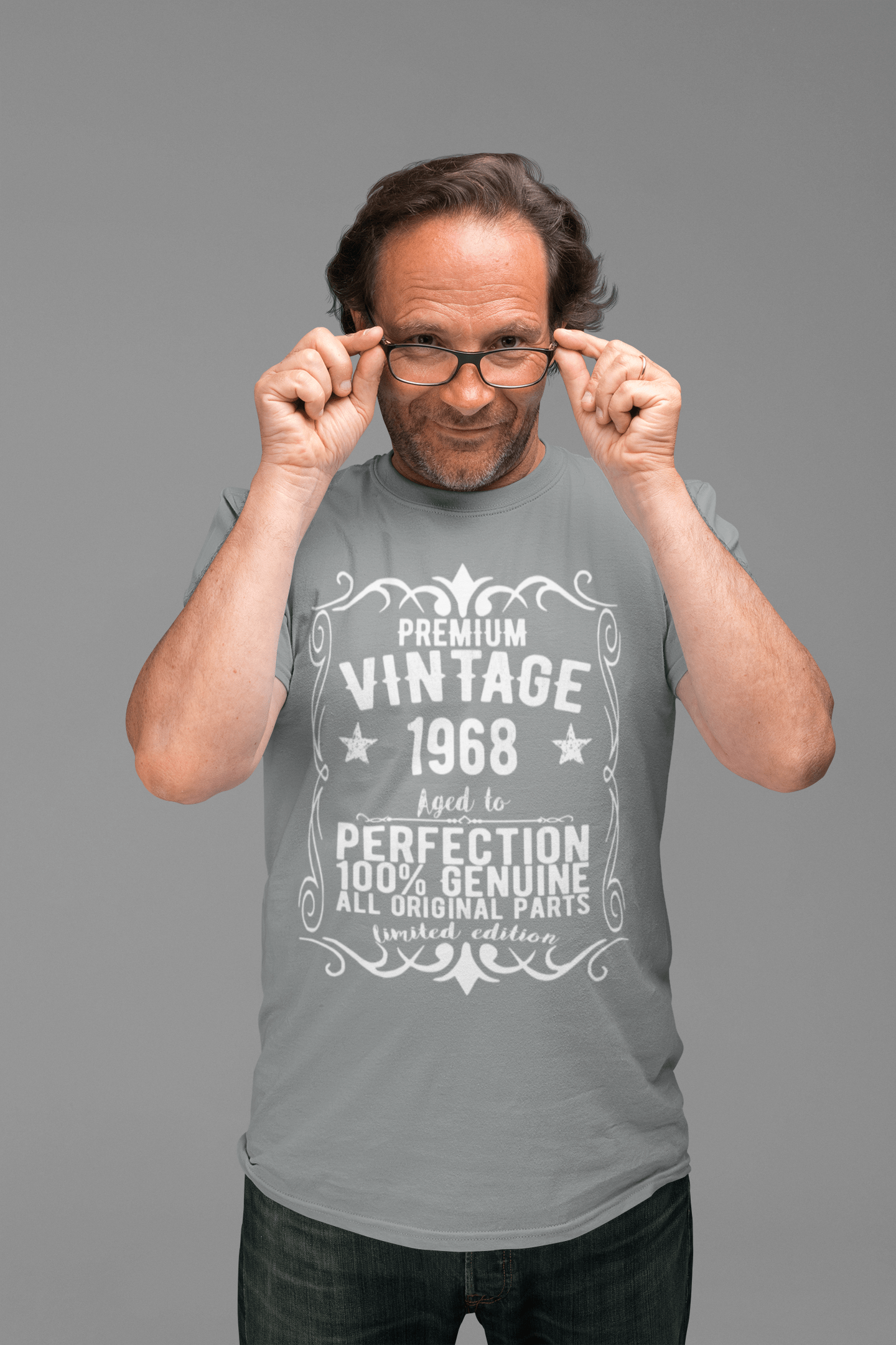 Premium Vintage année 1968, gris, T-shirt à manches courtes et col rond pour hommes, t-shirt cadeau 00366