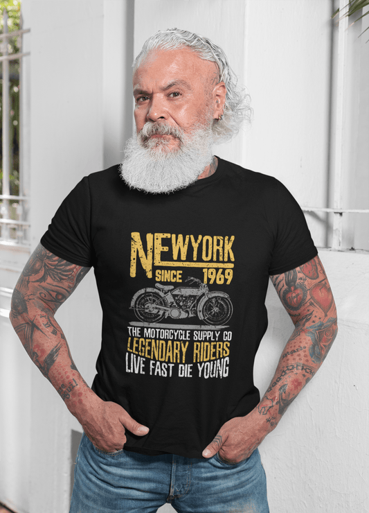Men's Graphic T-Shirt Vintage Tee New York Motorcycle Since 1969 Deep Black Round Neck