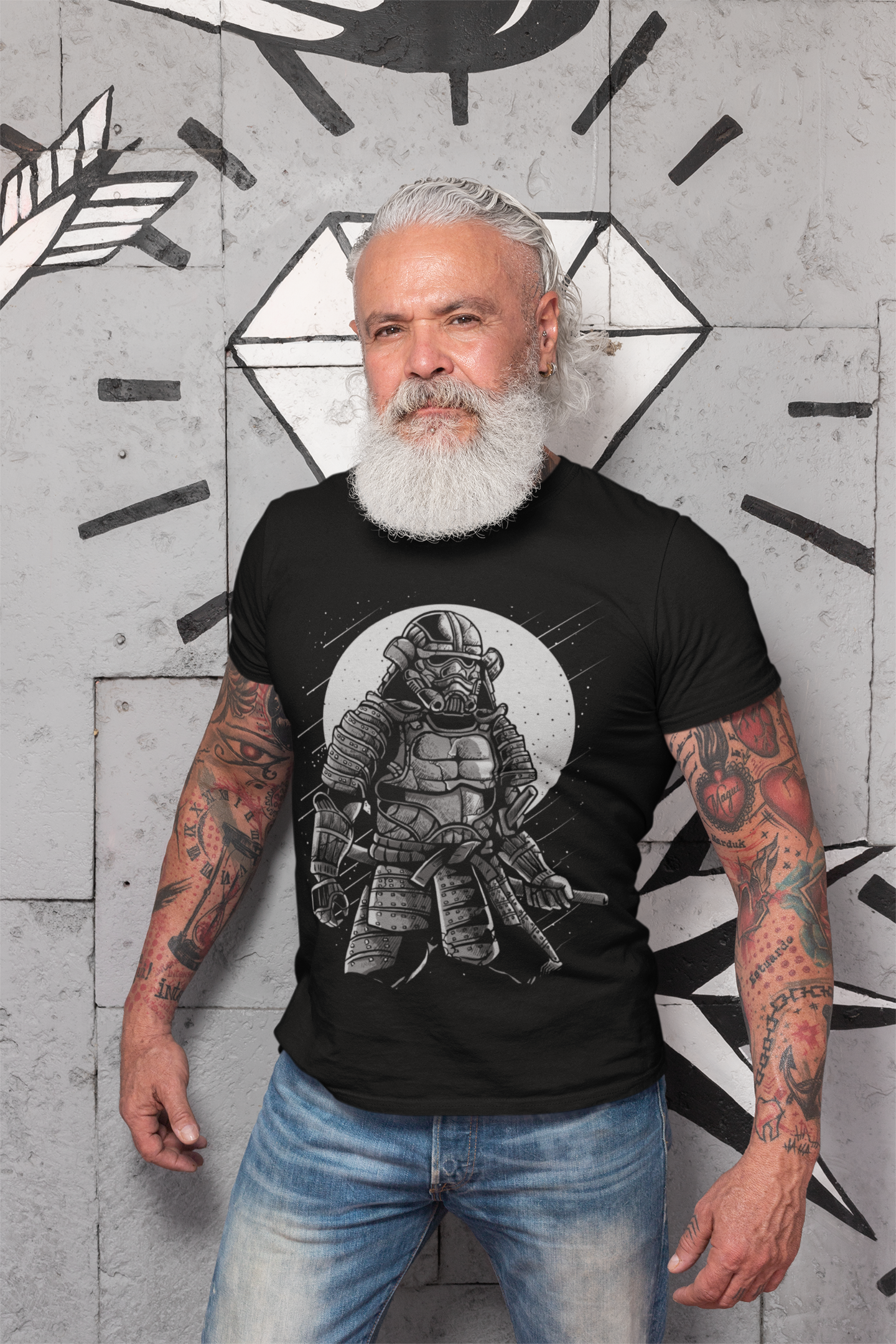 ULTRABASIC Herren-Grafik-T-Shirt Black Galaxy Samurai im Weltraum – lustiges Shirt