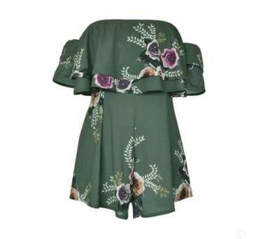 Usa Size Bohemian Sexy Wrapped Chest Print Ruffled Trumpet Sleeves Chiffon Jumpsuit Shorts - Green / S