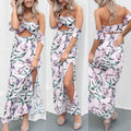 Women Sexy Floral Printed Hanging Neck Backless Lace-up Split Hem Long Dress