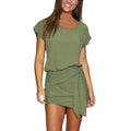 Women Short Sleeve Solid Color O Neck Casual Belt Dress Mini Dress