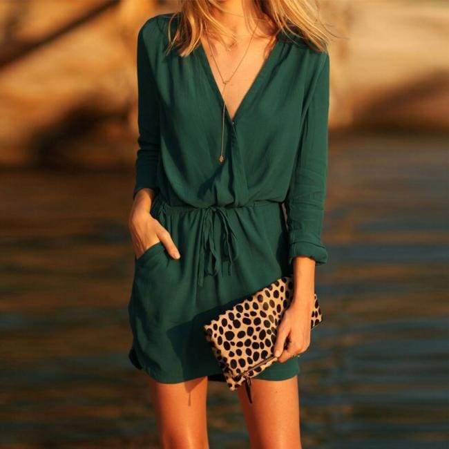 Women V Neck Green Long Sleeve Party Dress Evening Casual Summer Mini Dress 