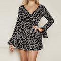 Women's Sexy Fashion Flare Sleeve Bow Bandage V-Neck Leopard Print Mini Dress