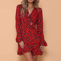 Women's Sexy V-Neck Leopard Printed Ruffled Hem Flare Sleeve Party Wrap Maxi Dress