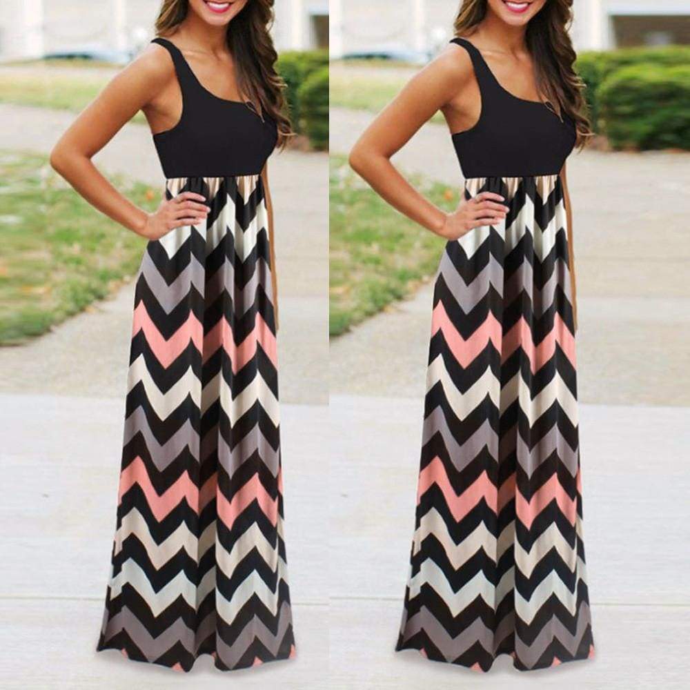 Womens Striped Long Boho Dress Lady Beach Summer Sundrss Maxi Dress Plus Size - Ultrabasic